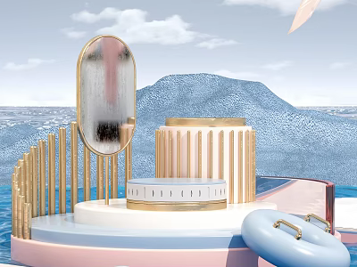 Pink And Blue Display Stand With Golden Accents Oval Mirror Cylindrical Container And Blue Ring 3d model