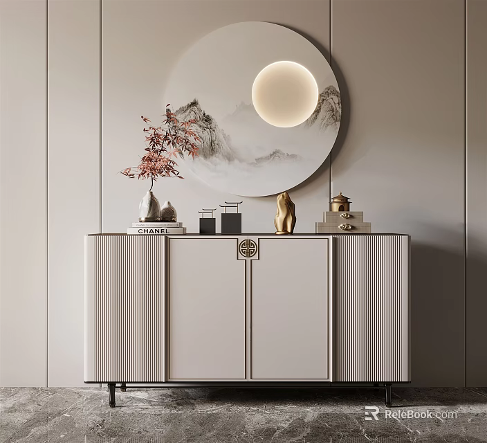 Modern Entryway Console Cabinet With Vertical Stripe Design Circular Mountain Pattern Mirror And Decor 3d model