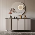Modern Entryway Console Cabinet With Vertical Stripe Design Circular Mountain Pattern Mirror And Decor 3d model