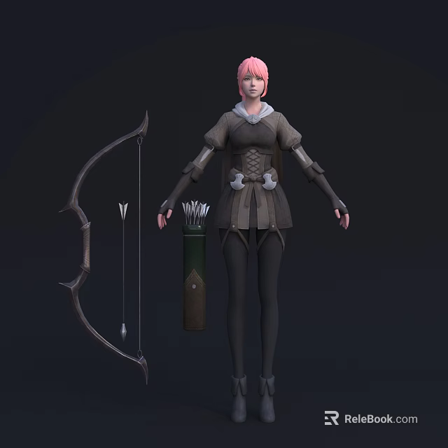 Game Fantasy Character With Pink Hair Gray Brown Outfit Holding Bow And Quiver 3d model 