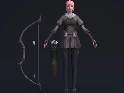 Game Fantasy Character With Pink Hair Gray Brown Outfit Holding Bow And Quiver 3d model