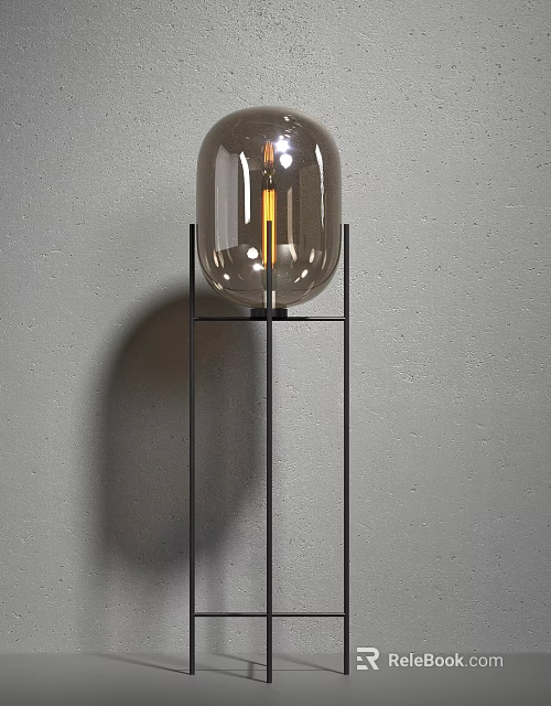 Modern Floor Lamp With Amber Glass Globe Shade And Black Metal Stand Design 3d model 