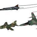 Three Military Fighter Jets With Various Camouflage Paint Schemes Flying In Air With Shadows