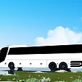 White Bus Parked in Natural Setting With Grass Flowers Water and Blue Sky