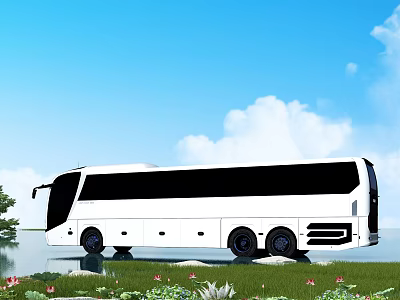 White Bus Parked in Natural Setting With Grass Flowers Water and Blue Sky 3d model