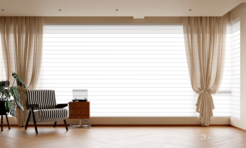Elegant Beige Curtains In Living Room With Striped Armchair Wooden Floor And Laptop On Table 3d model 