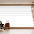 Elegant Beige Curtains In Living Room With Striped Armchair Wooden Floor And Laptop On Table