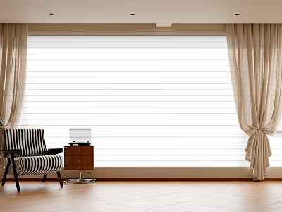 Elegant Beige Curtains In Living Room With Striped Armchair Wooden Floor And Laptop On Table 3d model