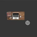 Wooden Desk Setup With Laptop Books Mouse And Trash Can In Room