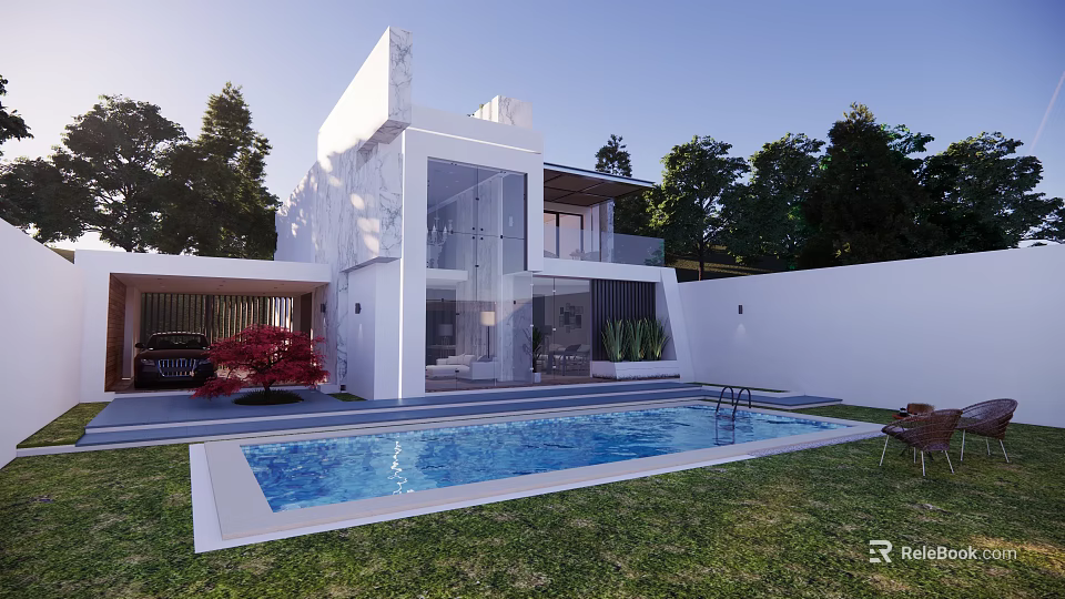 Modern Detached Villa with White Exterior Glass Facade Swimming Pool and Grass Lawn 3d model 