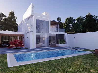 Modern Detached Villa with White Exterior Glass Facade Swimming Pool and Grass Lawn 3d model