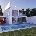 Modern Detached Villa with White Exterior Glass Facade Swimming Pool and Grass Lawn