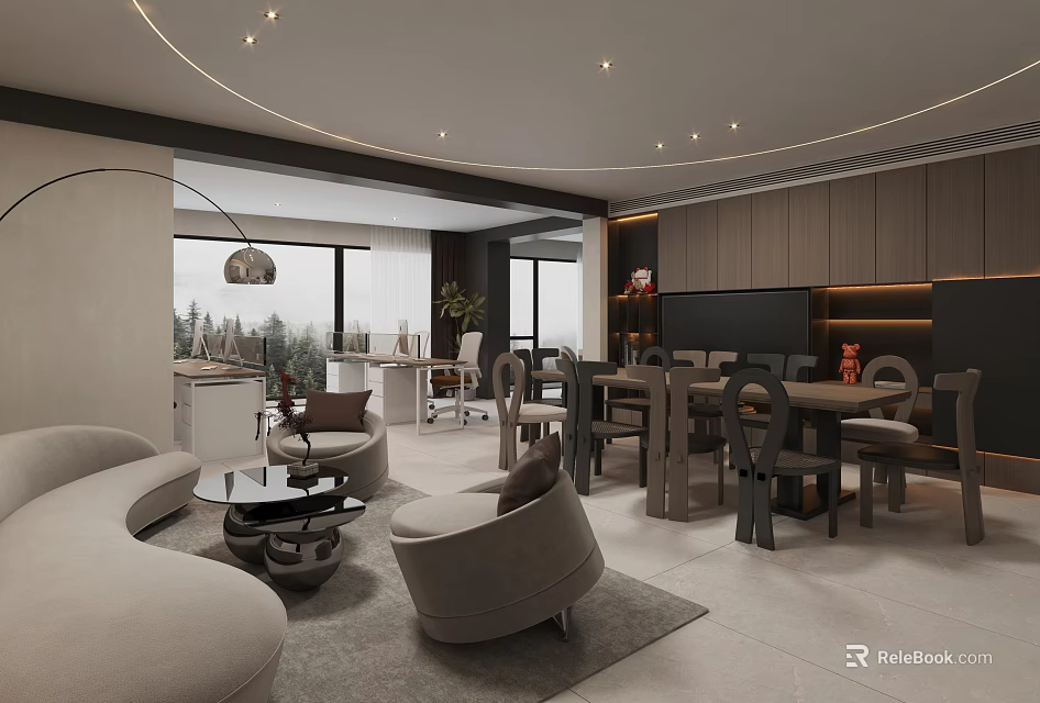 Modern Living Room Interior With Beige Sofa Coffee Table Dining Set And Large Windows 3d model