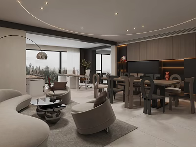 Modern Living Room Interior With Beige Sofa Coffee Table Dining Set And Large Windows 3d model