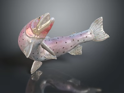 Silver and Pink Fish Statue with Open Mouth and Black Spots on Dark Background 3d model
