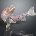 Silver and Pink Fish Statue with Open Mouth and Black Spots on Dark Background