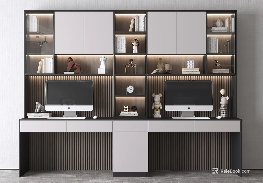 Modern Home Office Desk With Dual Monitors Lit Bookshelves And Decorative Items 3d model 