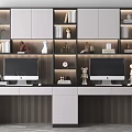 Modern Home Office Desk With Dual Monitors Lit Bookshelves And Decorative Items
