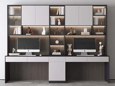 Modern Home Office Desk With Dual Monitors Lit Bookshelves And Decorative Items 3d model