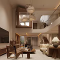 Modern Loft Living Room With Sofa Pendant Lights And Wooden Furniture