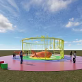 Outdoor Sports Equipment Featuring Yellow Metal Climbing Frames Slide And Kids Play Area On Grass