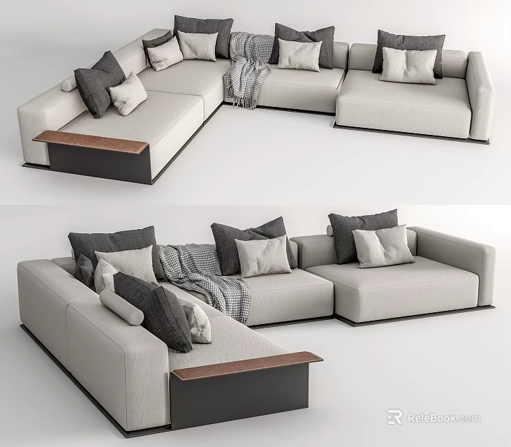 Modern Light Gray Sectional Sofa With Multiple Throw Pillows And Wooden Side Table 3d model