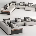 Modern Light Gray Sectional Sofa With Multiple Throw Pillows And Wooden Side Table 3d model