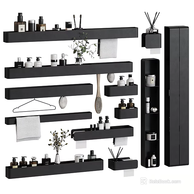 Stylish Bathroom Accessories Interior With Floating Shelves Towels Toiletries And Decorative Plants 3d model 