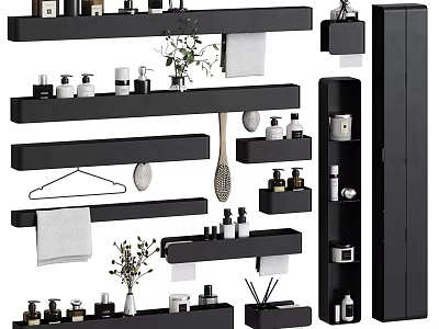 Stylish Bathroom Accessories Interior With Floating Shelves Towels Toiletries And Decorative Plants 3d model