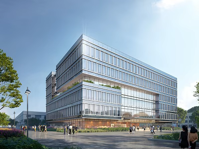 Modern Office Building Exterior Design With Glass Curtain Wall Greenery And Pedestrians 3d model