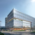 Modern Office Building Exterior Design With Glass Curtain Wall Greenery And Pedestrians