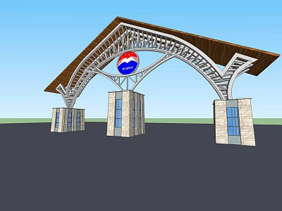 Entrance Gate With Arched Brown Roof Metal Structure Circular Red Blue Logo And Stone Pillars 3d model