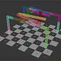 Metal Frame Structure With Blue Beams On Checkered Floor And Colorful Stars