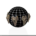 3D Model Sphere With Black Grid Surface And Golden Mask Like Ornaments