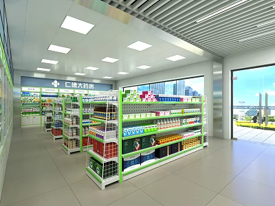 Bright Spacious Pharmacy Store Interior With Organized Shelves And Medicine Displays 3d model