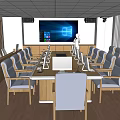 Modern Conference Room Interior With Long Wooden Table Comfortable Chairs Large Screen And Computers