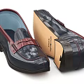 Dark Leather Loafers With Red Accent And Brown Handcrafted Sole