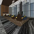 Modern Front Desk Reception Area With Chandelier Sofa Seating Marble Floor And Large Windows