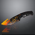 Sharp Tactical Knife With Orange Black Cracked Blade And Black Handle Reflective Surface Design