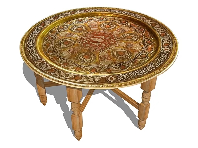 Round Decorative Dining Table With Intricate Patterns Gold Trim And Wooden Legs 3d model