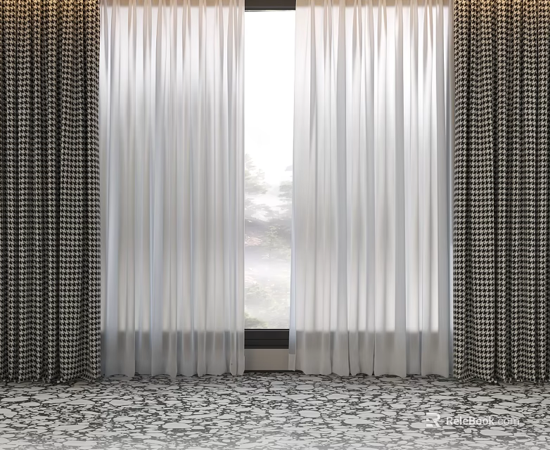 Checkered Curtains Paired With White Sheer Panels For Bright Window Interior 3d model 