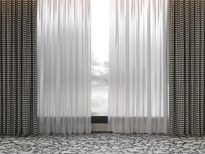 Checkered Curtains Paired With White Sheer Panels For Bright Window Interior 3d model
