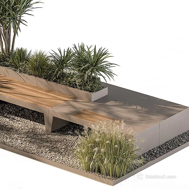 Modern Wooden Landscape Seat with Green Plants Gravel and Contemporary Design 3d model 