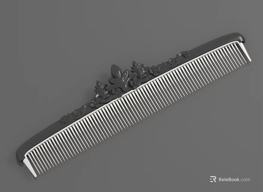 Elegant Black Decorative Comb With Intricate Floral Carvings And Fine Teeth 3d model 