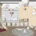 Kids Room Interior with Teepee Tent Stuffed Toys Storage Bins and Hanging Balloons