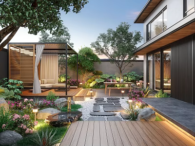 Modern Garden With Wooden Deck Stone Pathway Pergola Lighting And Flowers 3d model