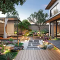 Modern Garden With Wooden Deck Stone Pathway Pergola Lighting And Flowers