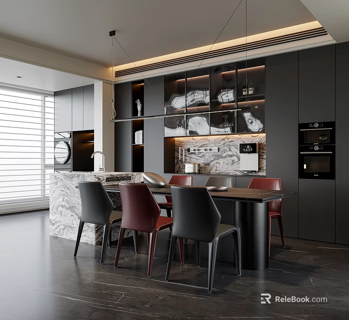 Modern Restaurant Interior Design With Open Layout Marble Dining Table And Stylish Chairs 3d model 