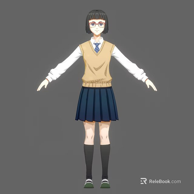 Anime Style Woman in School Uniform with Glasses White Shirt Blue Tie and Pleated Skirt 3d model 
