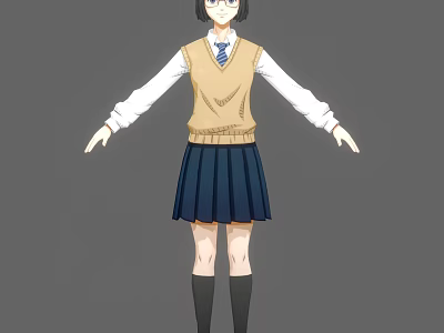 Anime Style Woman in School Uniform with Glasses White Shirt Blue Tie and Pleated Skirt 3d model